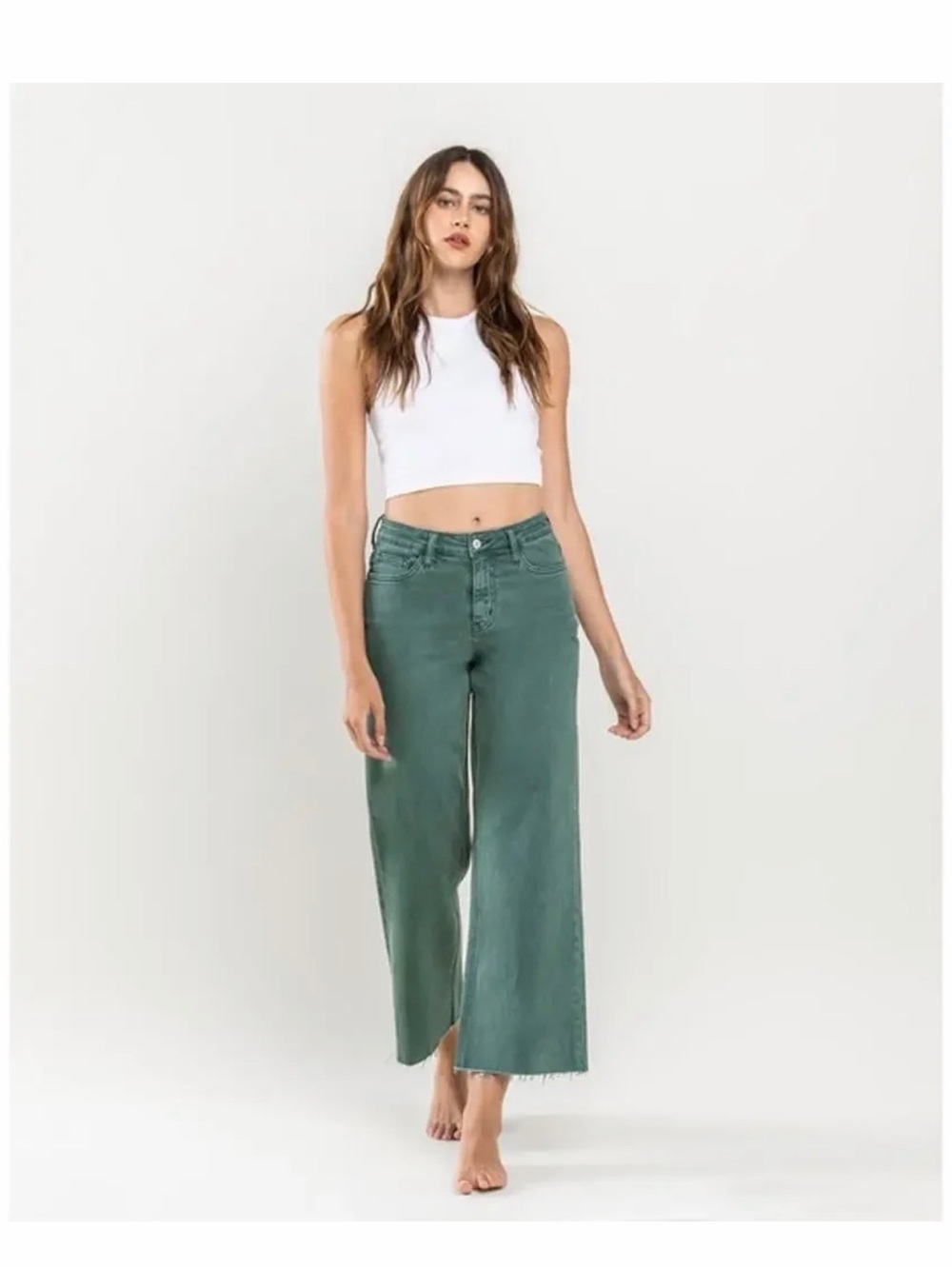 High-Rise Wide-Leg Jeans in Teal Green